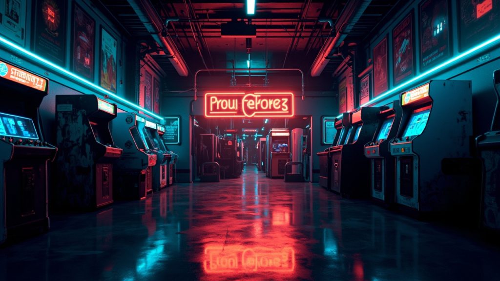 Illustration of a neon-lit retro arcade interior