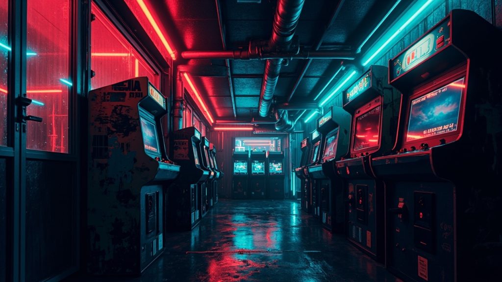 Illustration of a neon-lit retro arcade interior