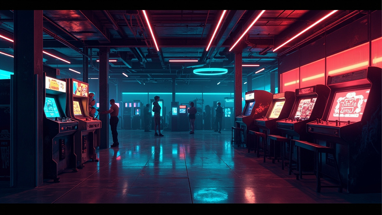 Illustration of a neon-lit retro arcade interior