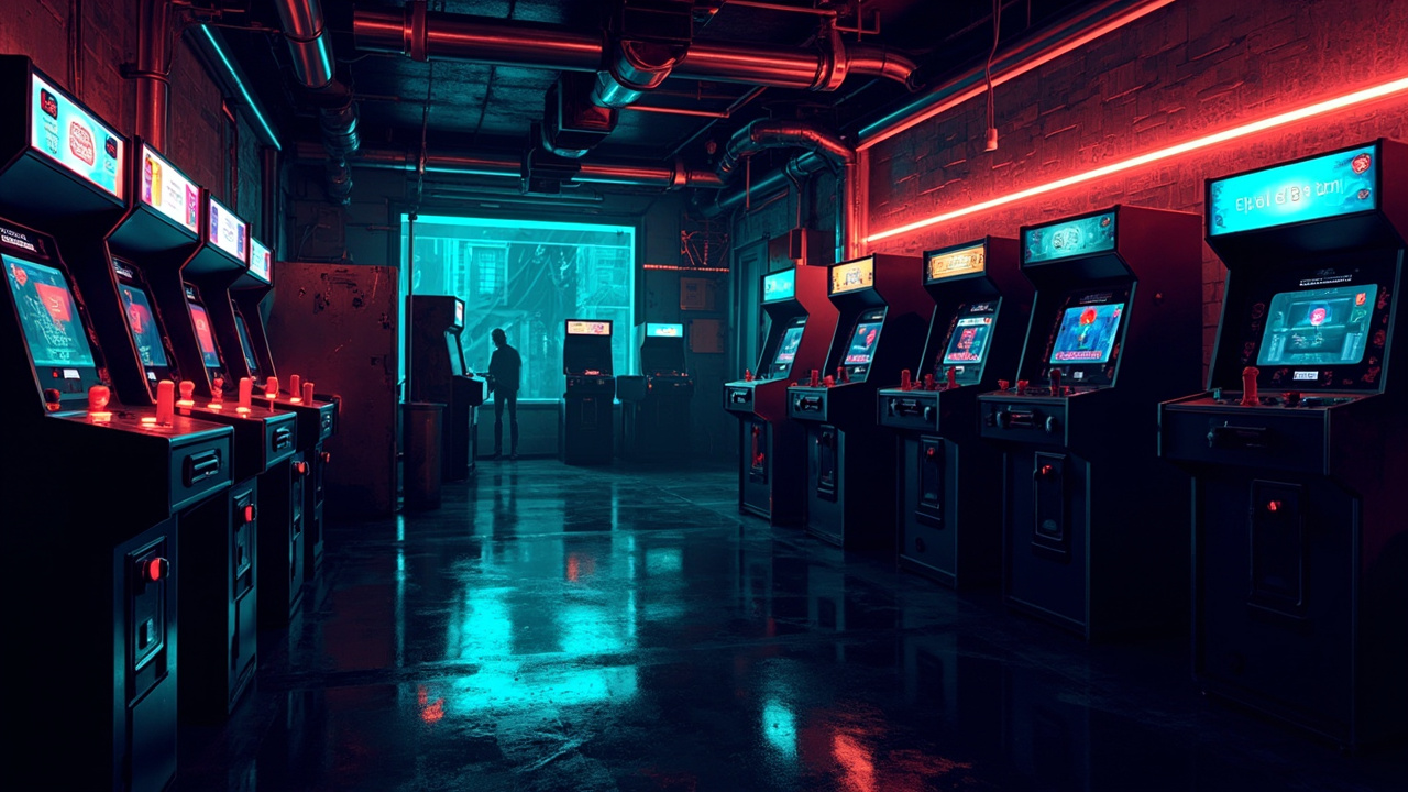 Illustration of a neon-lit retro arcade interior