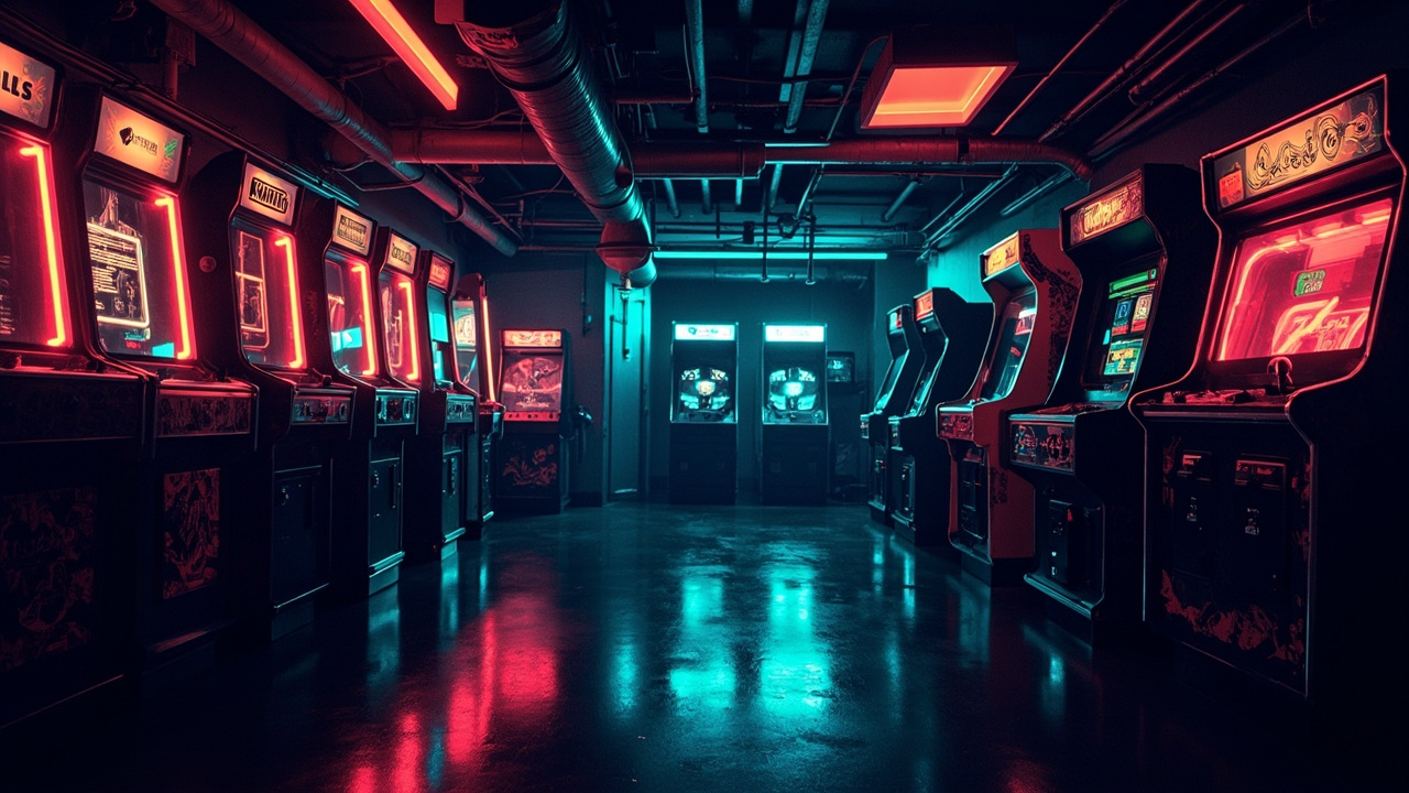 Illustration of a neon-lit retro arcade interior