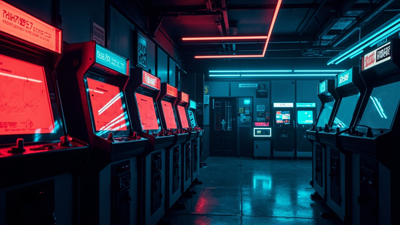 Illustration of a neon-lit retro arcade interior