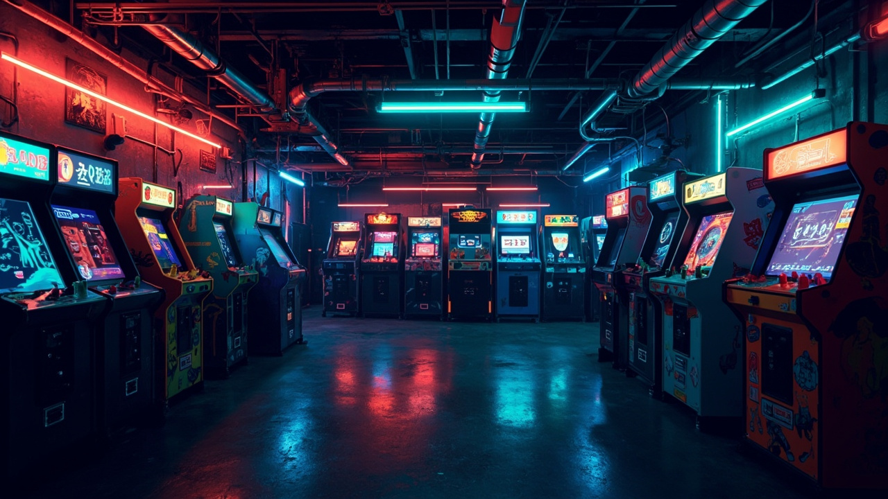 Illustration of a neon-lit retro arcade interior
