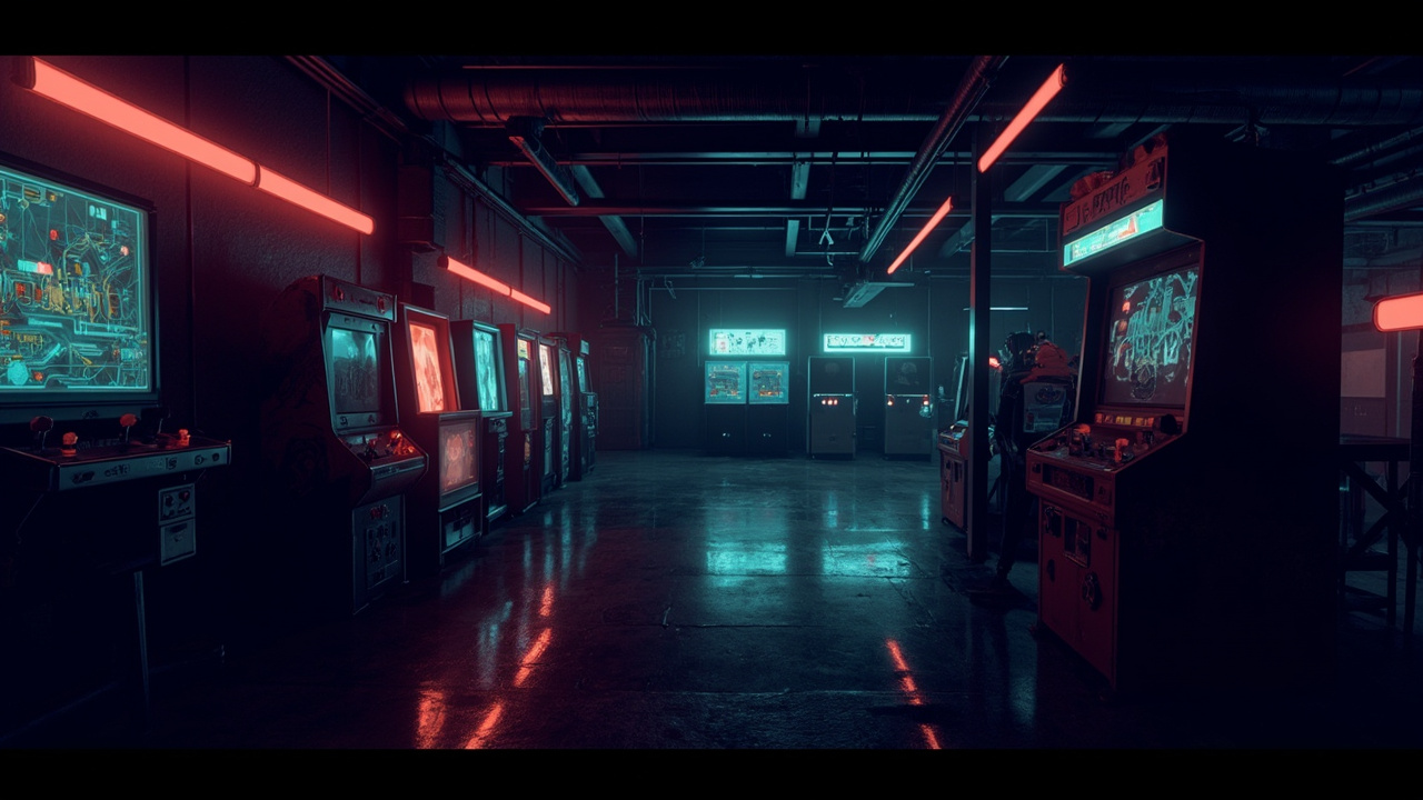 Illustration of a neon-lit retro arcade interior