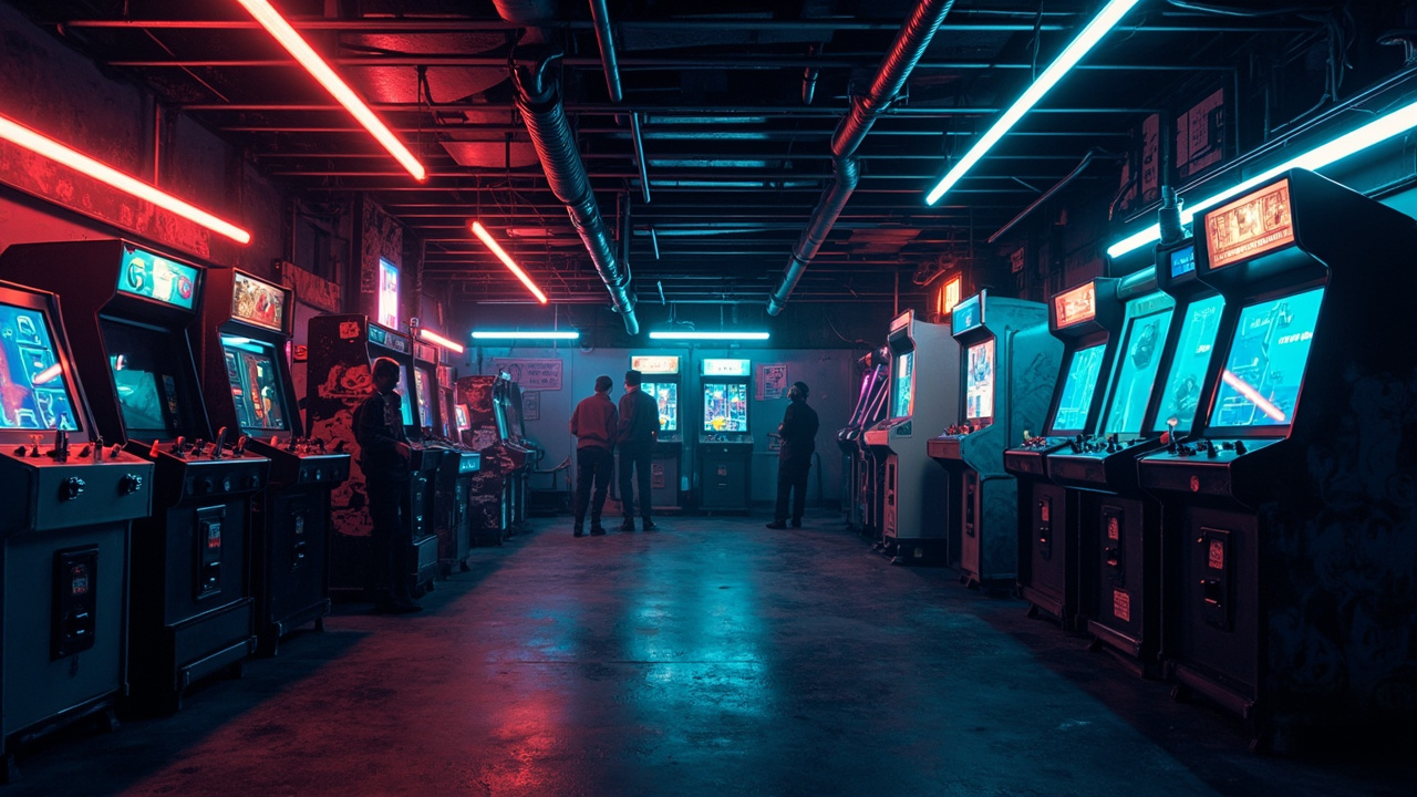Illustration of a neon-lit retro arcade interior