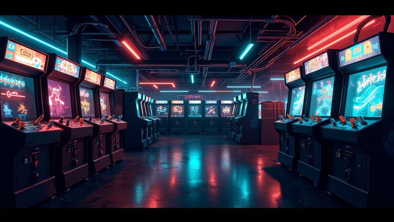 Illustration of a neon-lit retro arcade interior