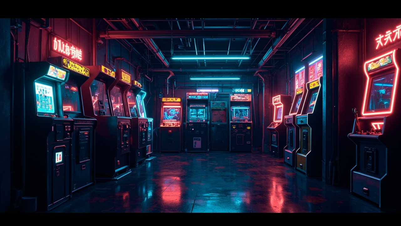 Illustration of a neon-lit retro arcade interior