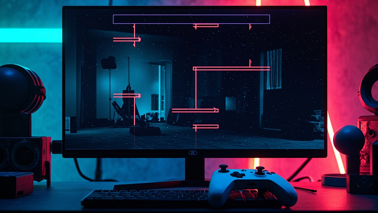 Illustration: A flat-screen monitor displaying a 3D platformer video game, with a white game controller resting in front of it and a reflection of a room with guitars visible on the screen.