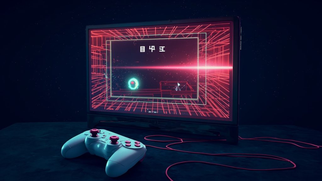 Illustration: A flat-screen television displays a video game scene that is also shown in a split-screen view alongside a white video game controller resting on a surface below the screen.