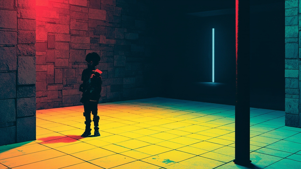 Illustration: A low-resolution 3D rendered scene featuring a pixelated figure standing on a yellow tiled floor surrounded by gray stone walls, with a vertical pole positioned on the right side.