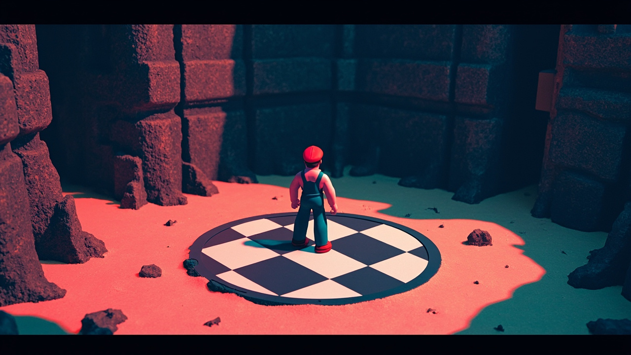 Illustration: A low-resolution polygonal video game scene depicting a character in a red cap and blue overalls standing on a checkered circular platform within a sandy arena enclosed by stone walls.