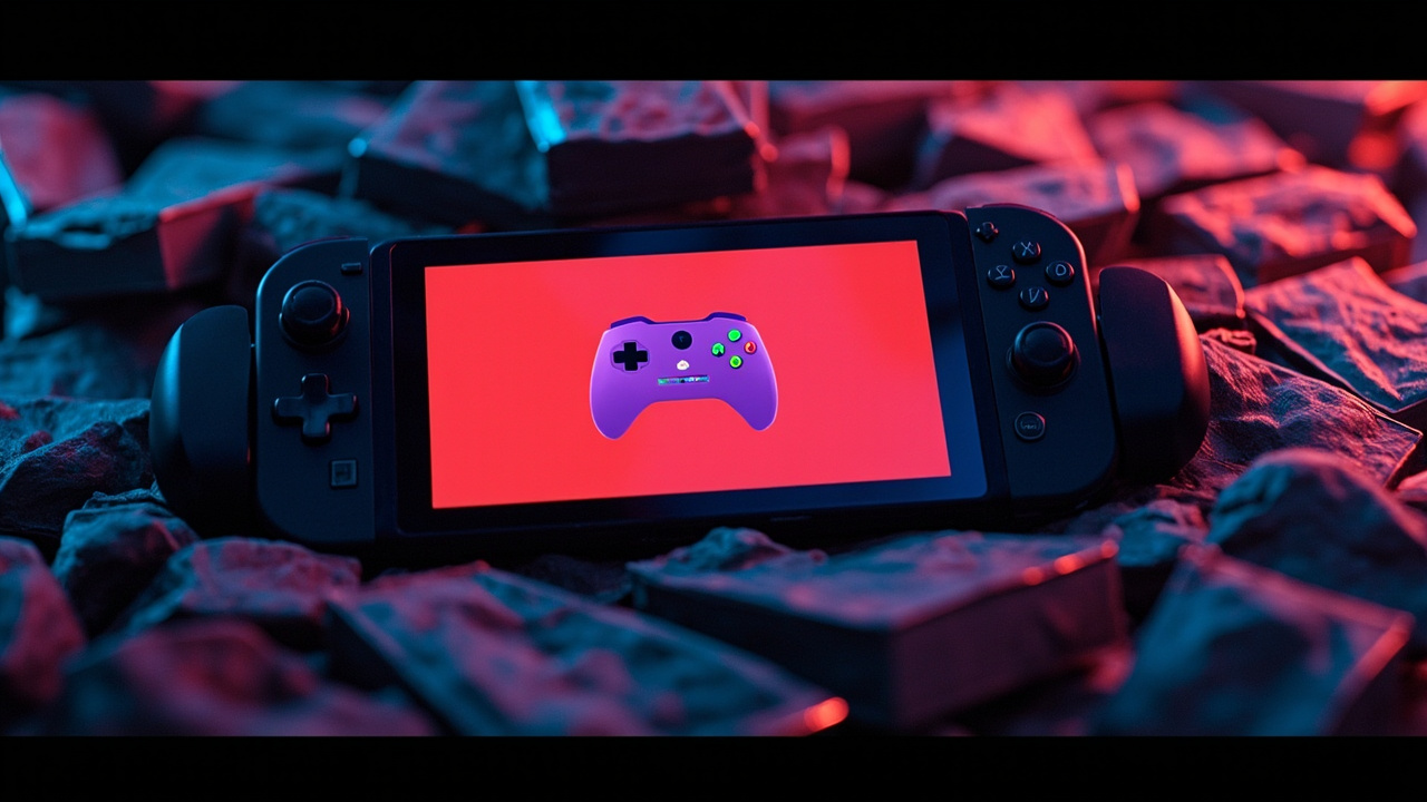 Illustration: A black handheld gaming console with detachable side controllers rests on a bed of stacked game cases, its screen displaying a solid red background featuring an illustration of a purple video game controller.