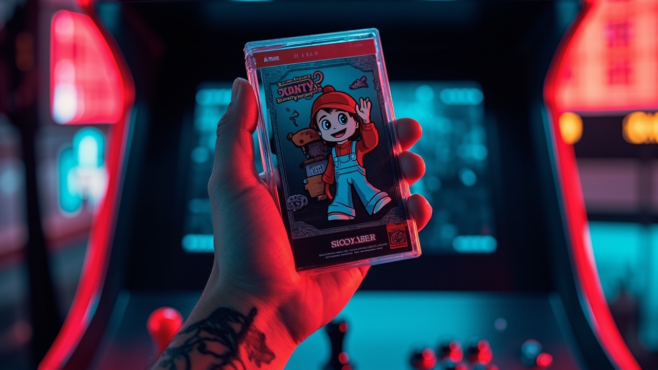 Illustration: A tattooed hand holds up a plastic video game case featuring cover artwork of an animated character wearing a red cap and blue overalls.