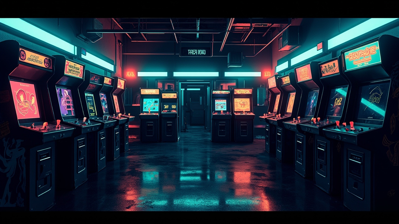 Illustration of a neon-lit retro arcade interior