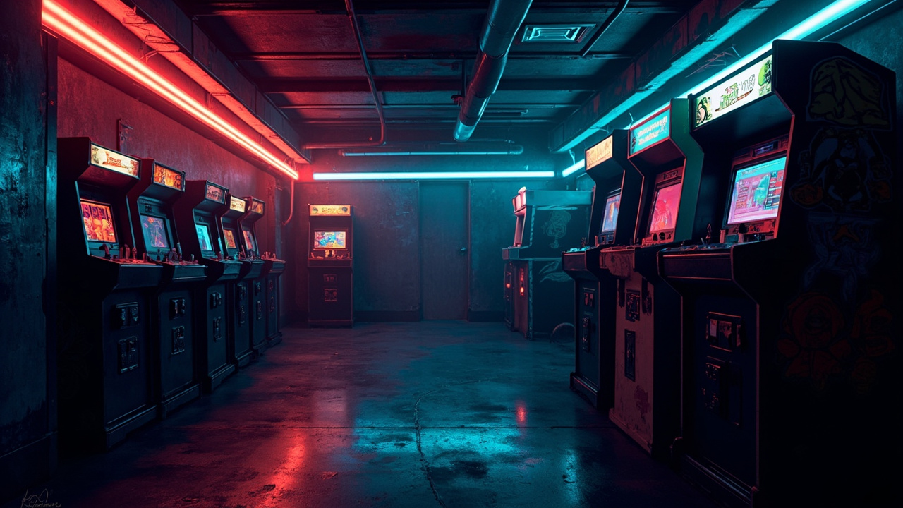 Illustration of a neon-lit retro arcade interior