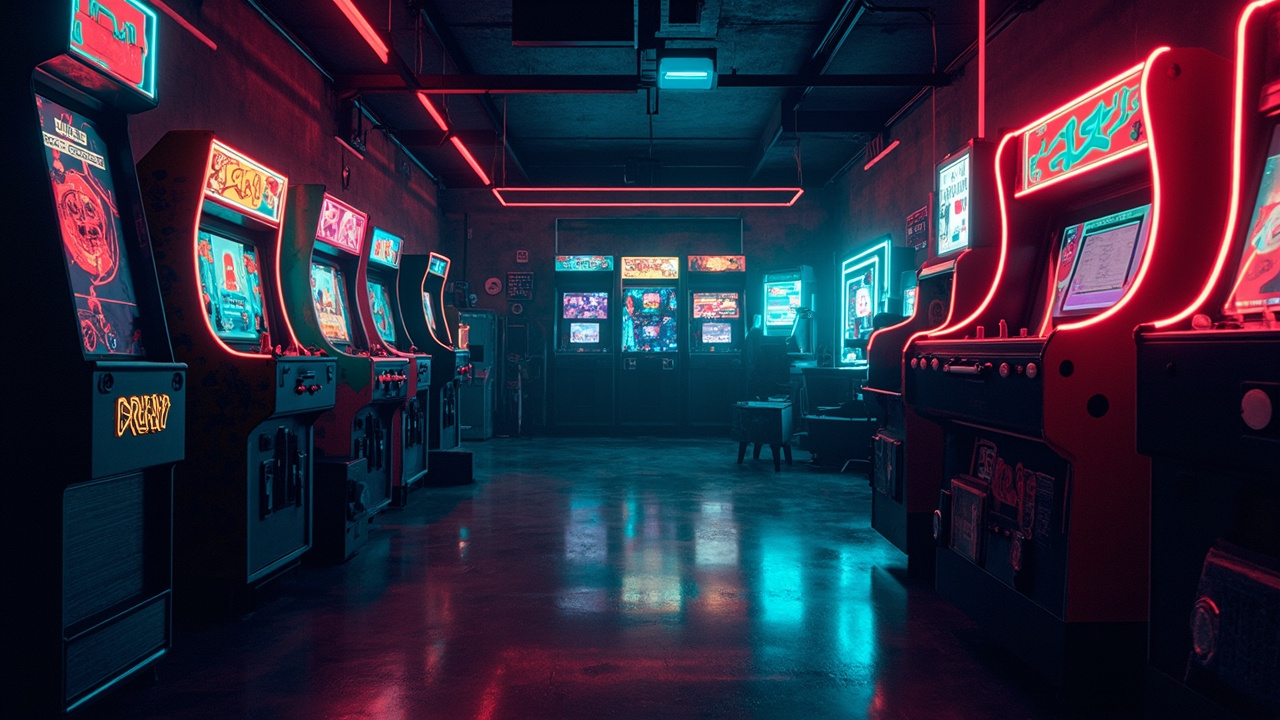Illustration of a neon-lit retro arcade interior