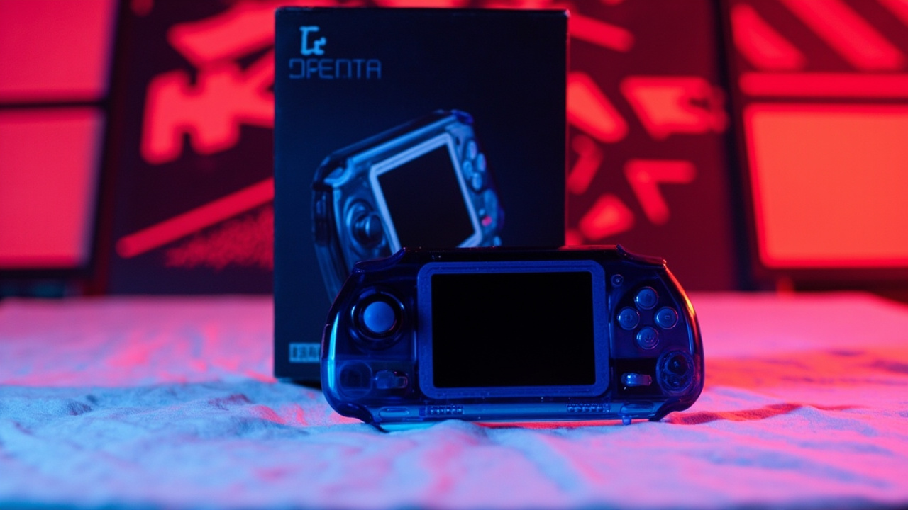 Illustration: A small, translucent blue handheld-style video game console rests on a white surface in front of its black retail packaging, which features a printed image of the same device, all set against a backdrop displaying bright red graphics.