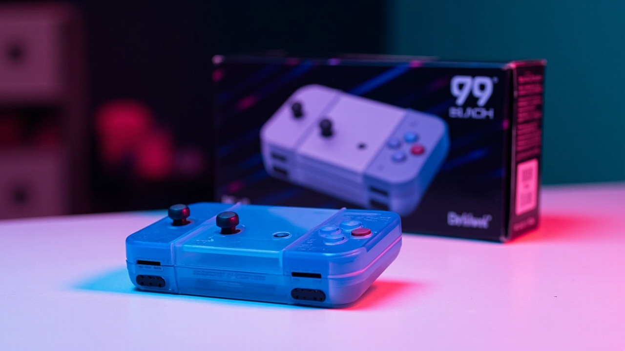 Illustration: A small blue translucent gaming console sits on a white surface in front of its retail packaging box, which displays an image of a flat white console with two buttons.