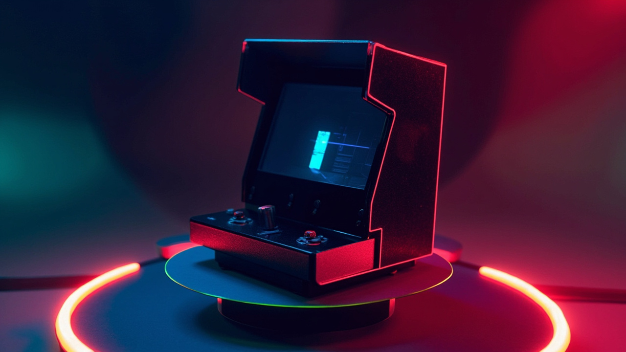 Illustration of retro gaming hardware in synthwave style