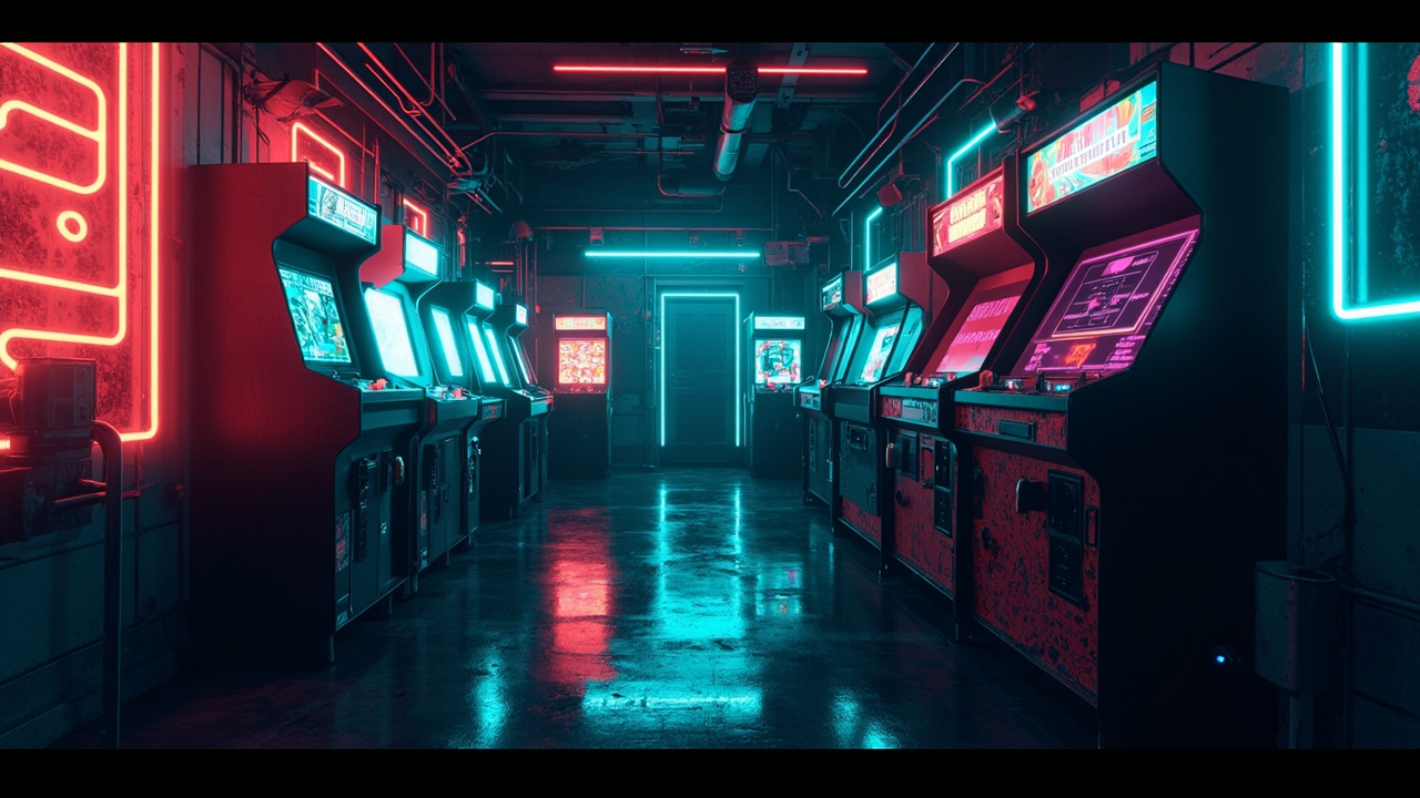 Illustration of a neon-lit retro arcade interior