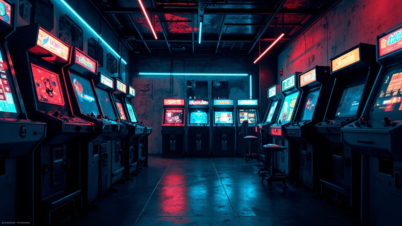 Illustration of a neon-lit retro arcade interior