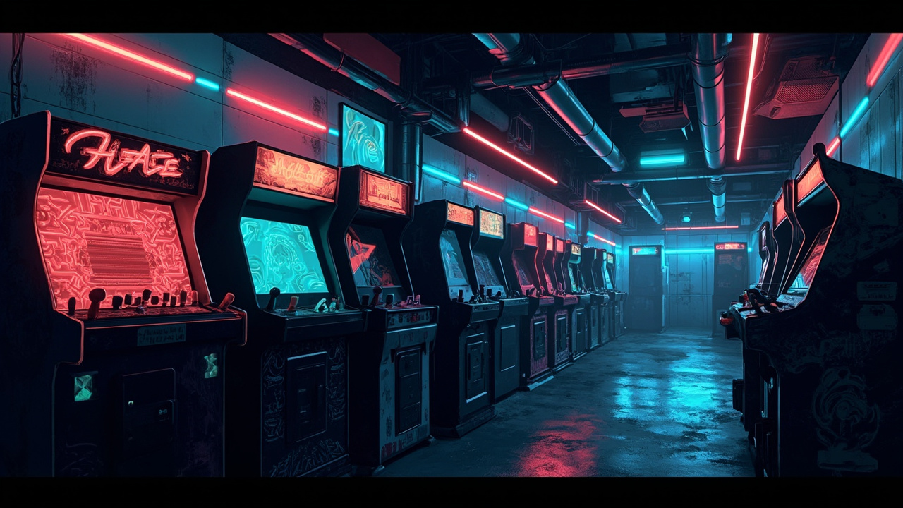Illustration of a neon-lit retro arcade interior