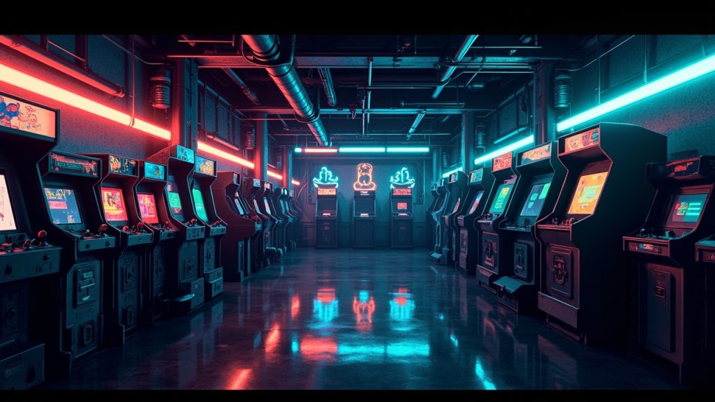 Illustration of a neon-lit retro arcade interior