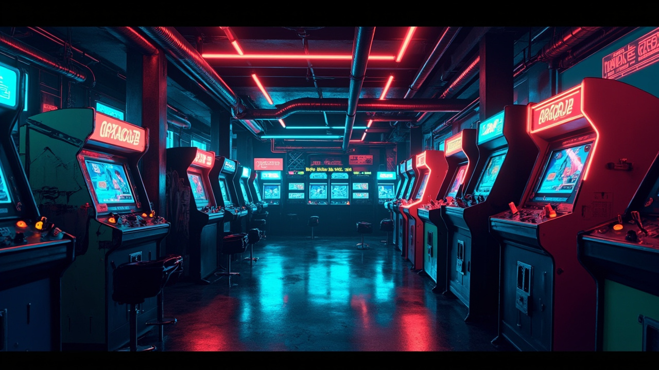 Illustration of a neon-lit retro arcade interior