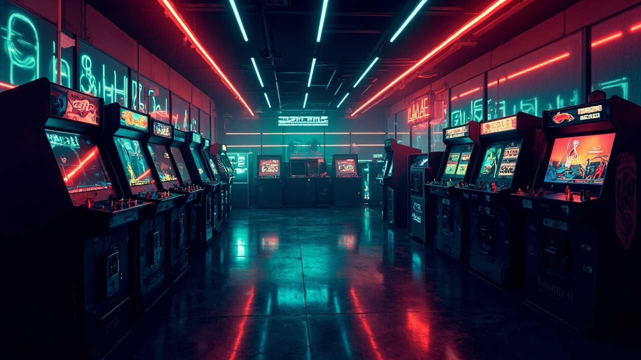 Illustration of a neon-lit retro arcade interior