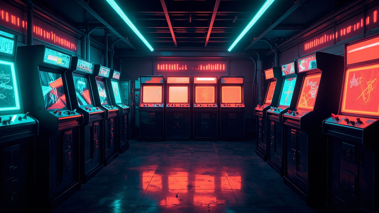 Illustration of a neon-lit retro arcade interior