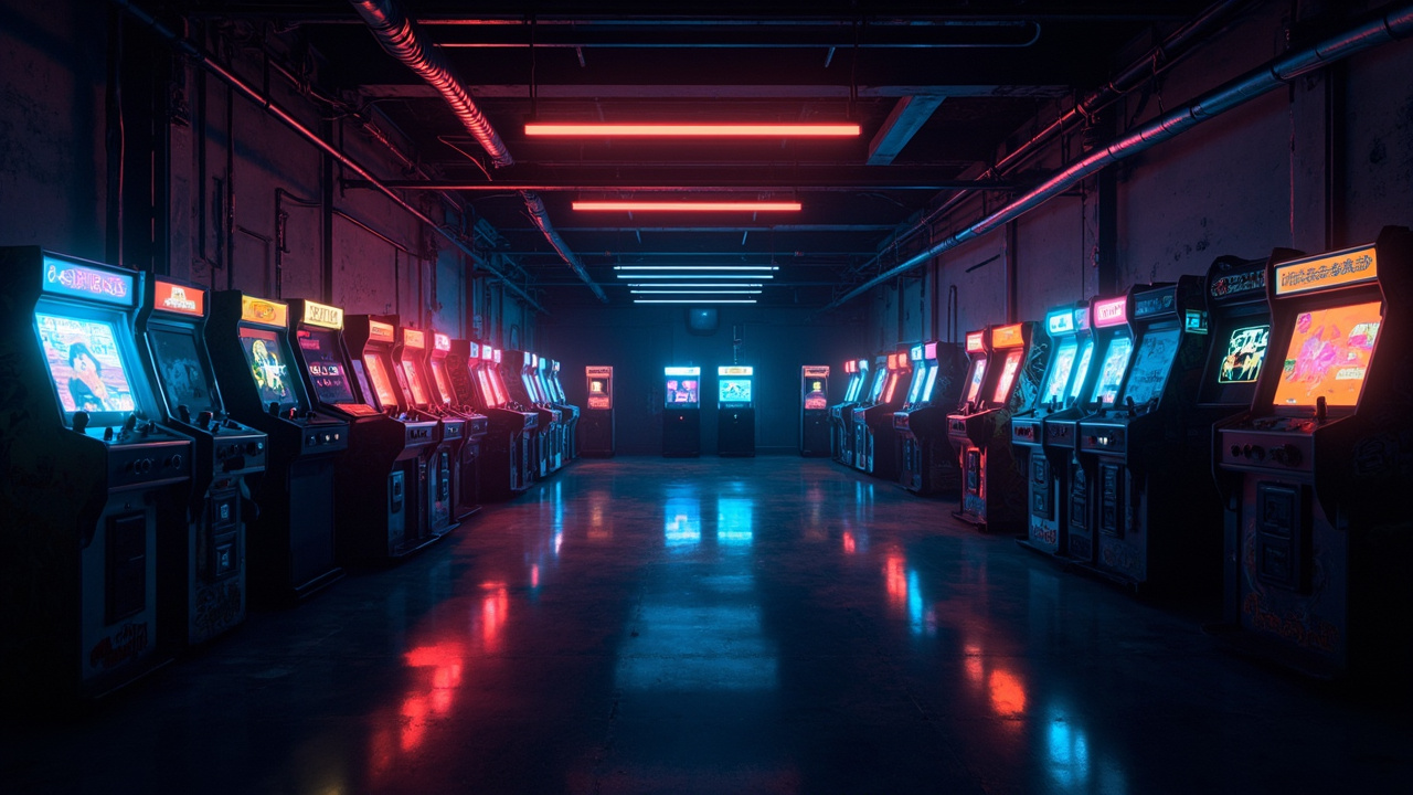 Illustration of a neon-lit retro arcade interior