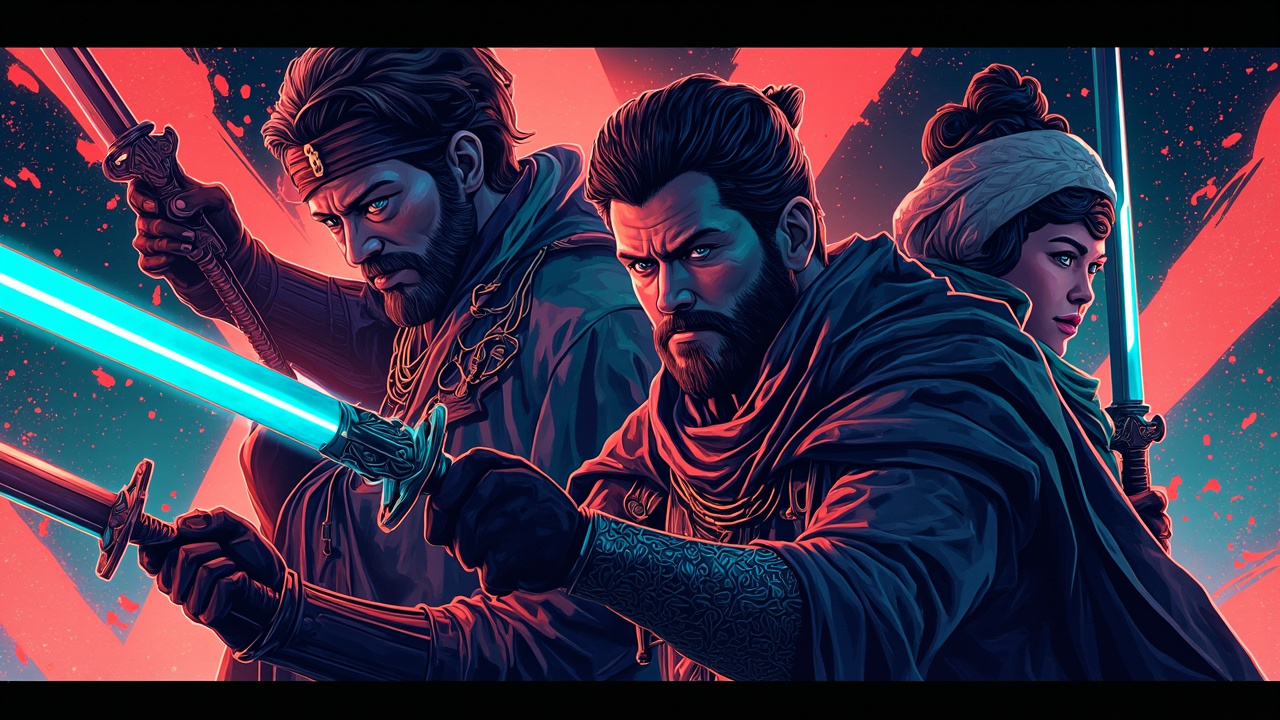 Illustration: An illustrated fantasy artwork depicting three armed characters wielding elaborate swords and wearing ornate clothing in a dynamic action scene.