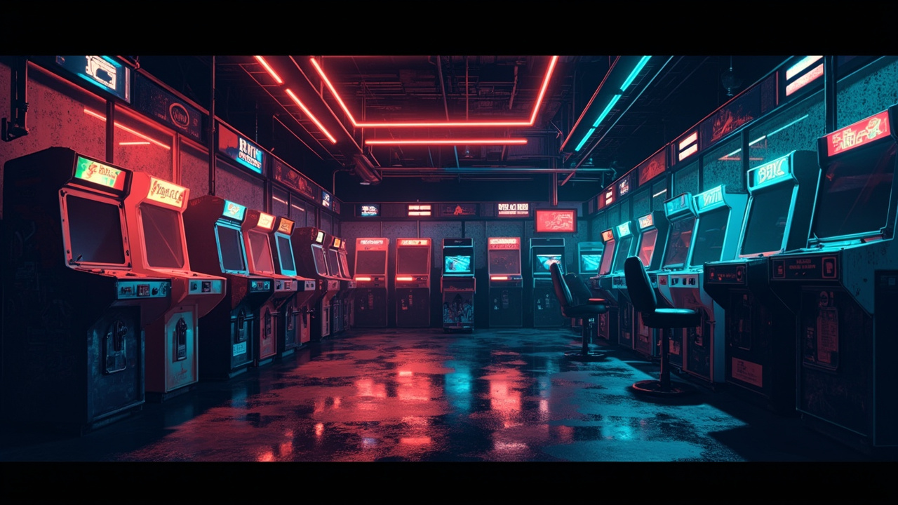 Illustration of a neon-lit retro arcade interior