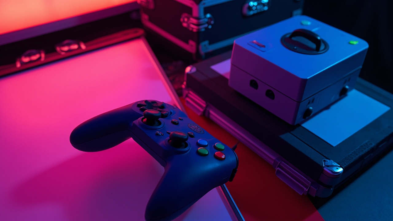 Illustration: A purple controller featuring a black joystick and four directional buttons rests on a screen with pink lighting. Separated by a red diagonal line, a purple cubic console with a black handle and a circular top panel sits atop a stack of blurred cases