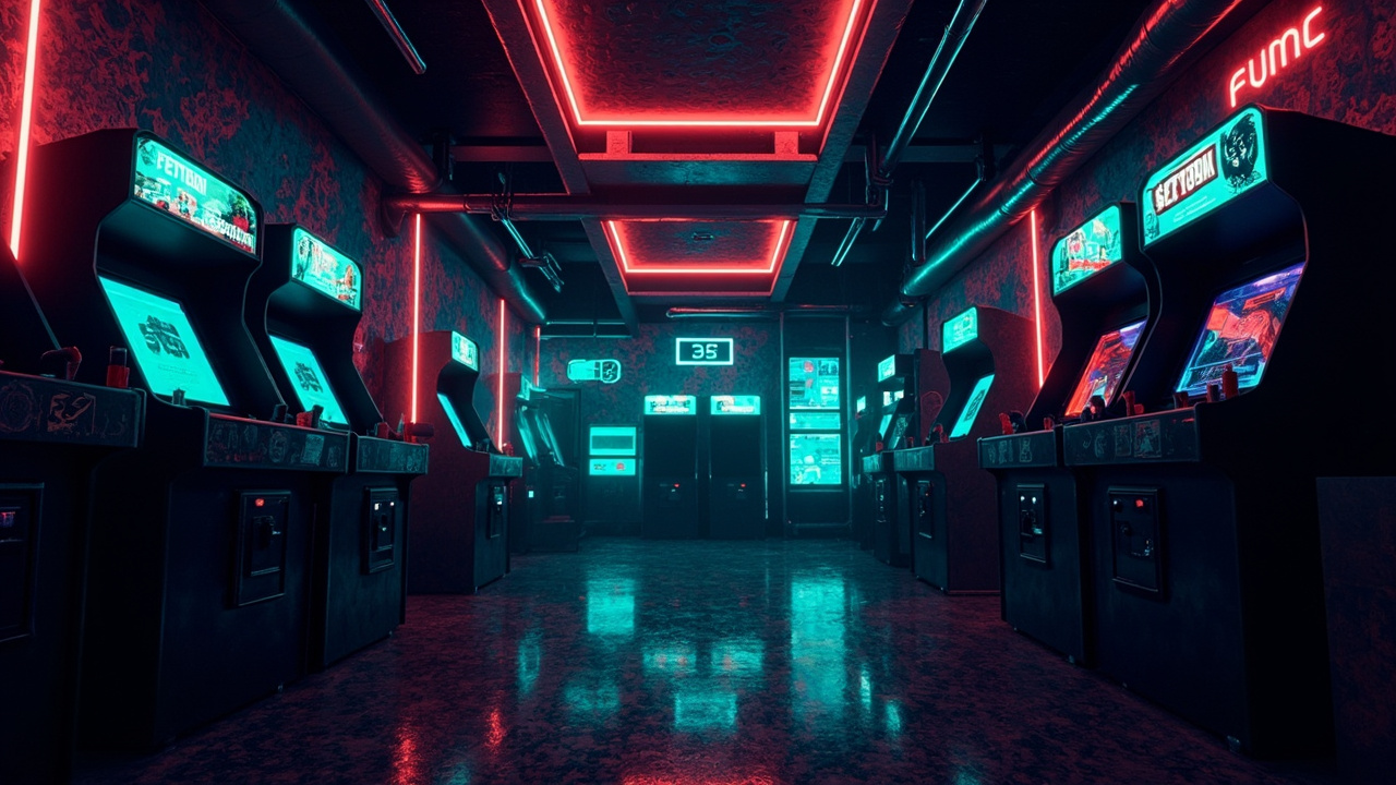 Illustration of a neon-lit retro arcade interior