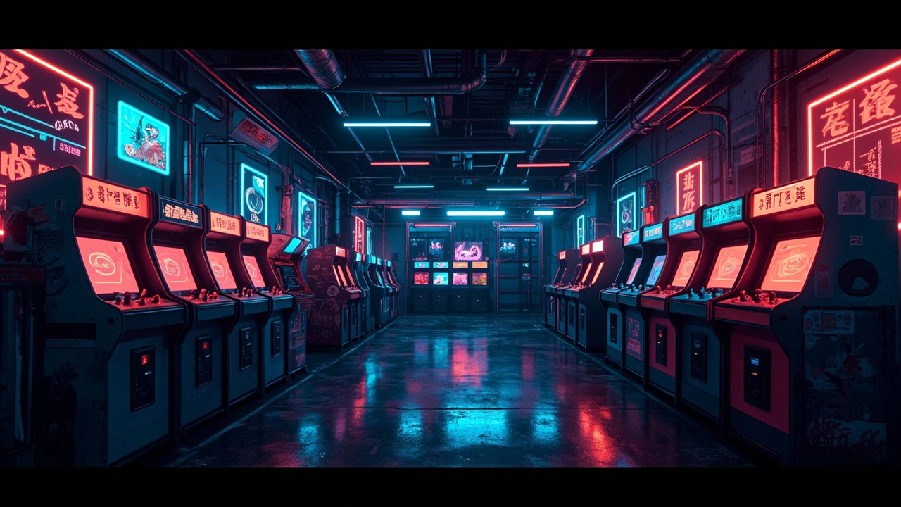 Illustration of a neon-lit retro arcade interior
