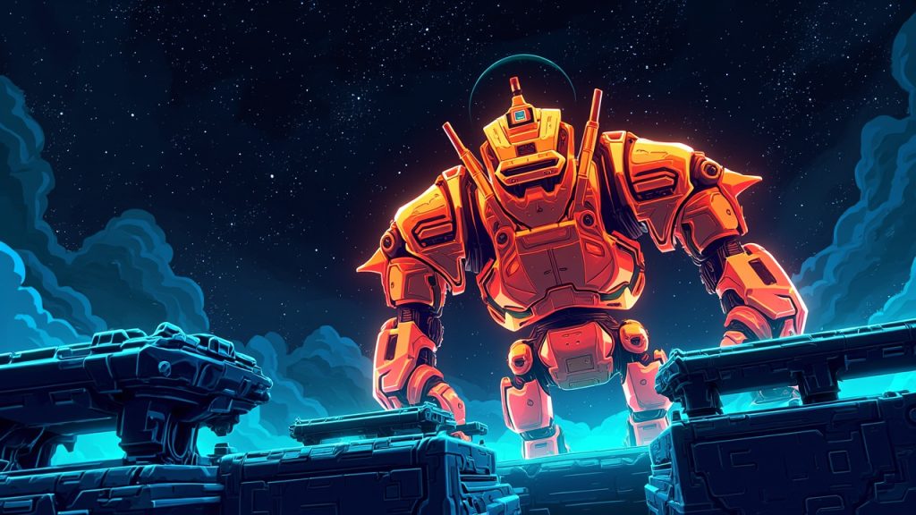 Illustration: A pixel art video game scene depicting a large orange and gold mechanical spacecraft or boss entity in a starry space environment with blue mechanical platform structures.