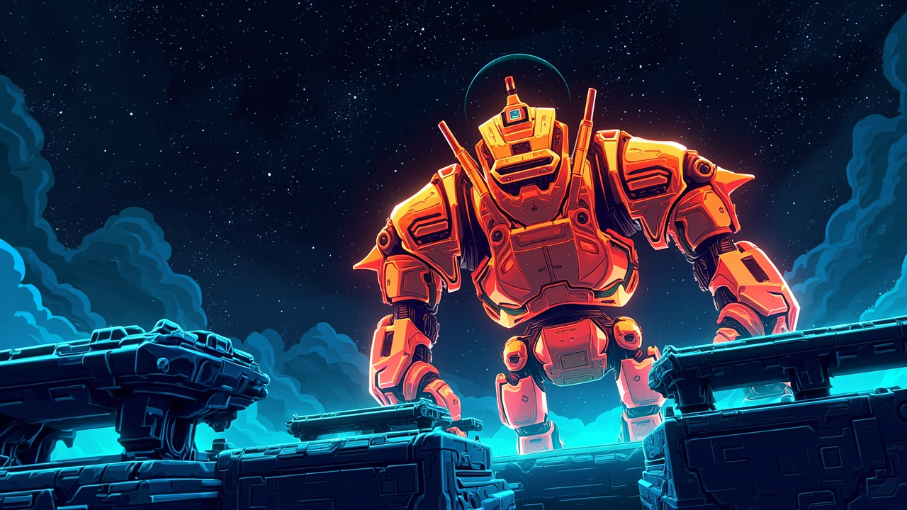 Illustration: A pixel art video game scene depicting a large orange and gold mechanical spacecraft or boss entity in a starry space environment with blue mechanical platform structures.