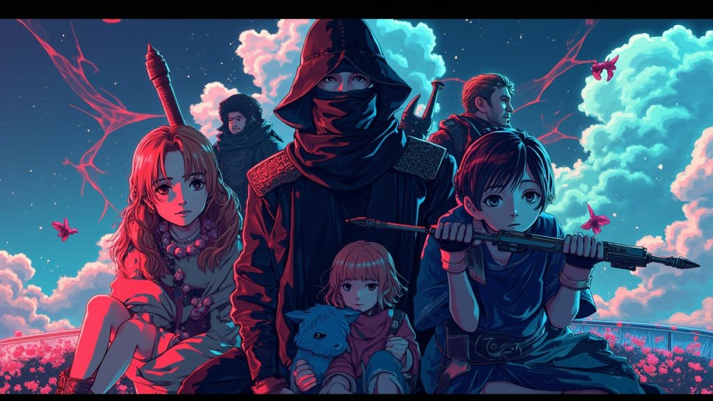 Illustration: A vibrant anime-style illustration depicting a group of fantasy characters—including warriors, a robed figure, a young girl, and a small blue creature—posed together against a cloudy sky backdrop.