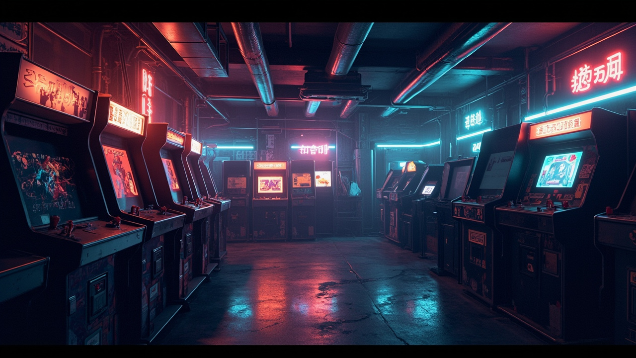 Illustration of a neon-lit retro arcade interior