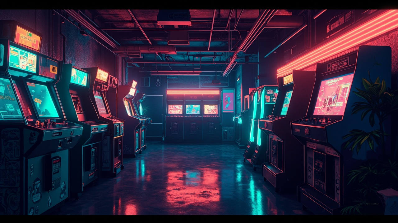 Illustration of a neon-lit retro arcade interior