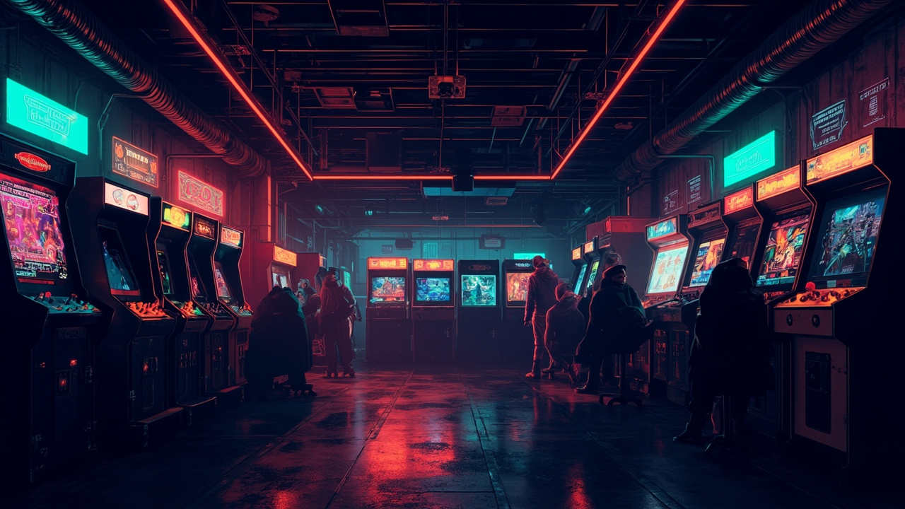 Illustration of a neon-lit retro arcade interior