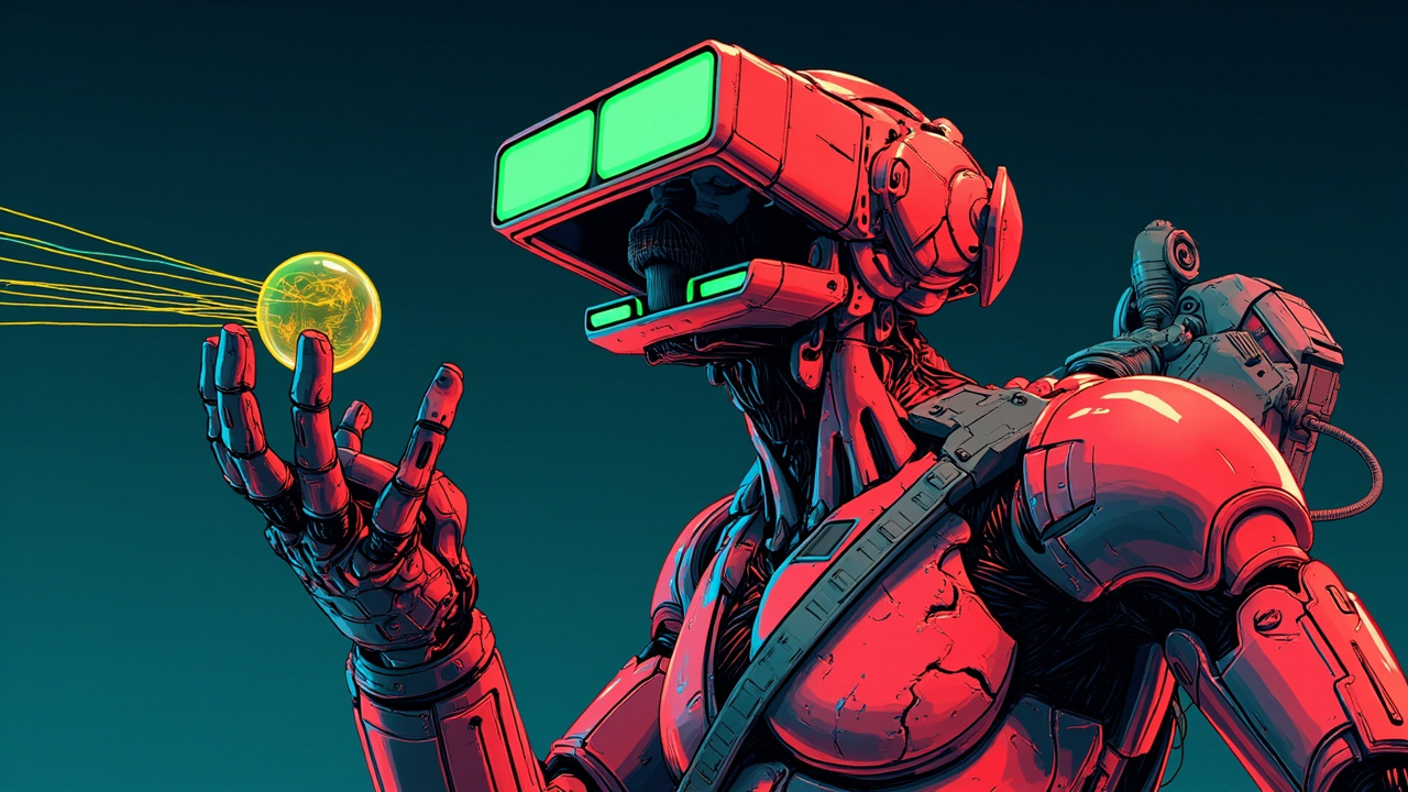 Illustration: A humanoid figure wears a red and dark grey mechanical suit featuring a partially open helmet with two green rectangular nodes on the jaw. The figure stands with an open mouth, grasping a transparent yellow sphere projecting lines in the left hand an