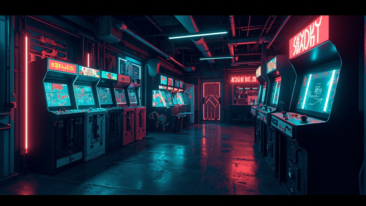 Illustration of a neon-lit retro arcade interior