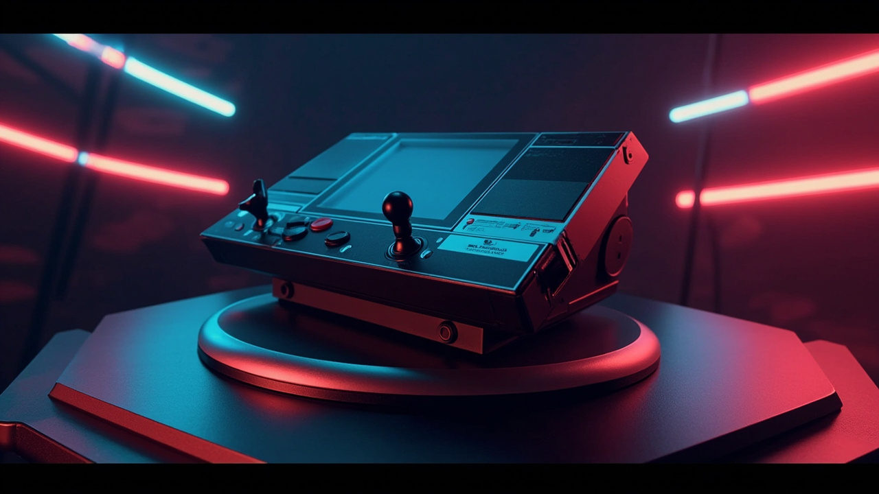 Illustration of retro gaming hardware in synthwave style