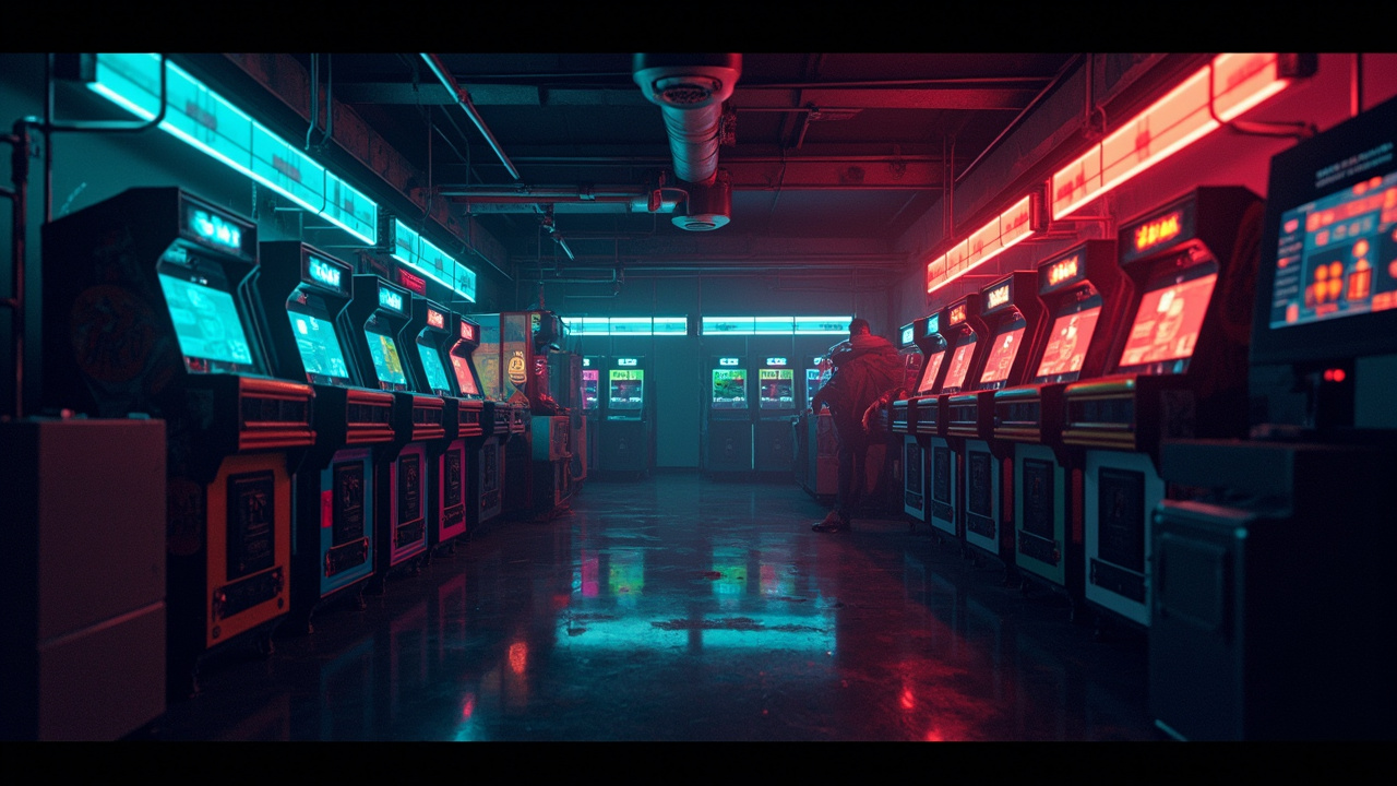 Illustration of a neon-lit retro arcade interior