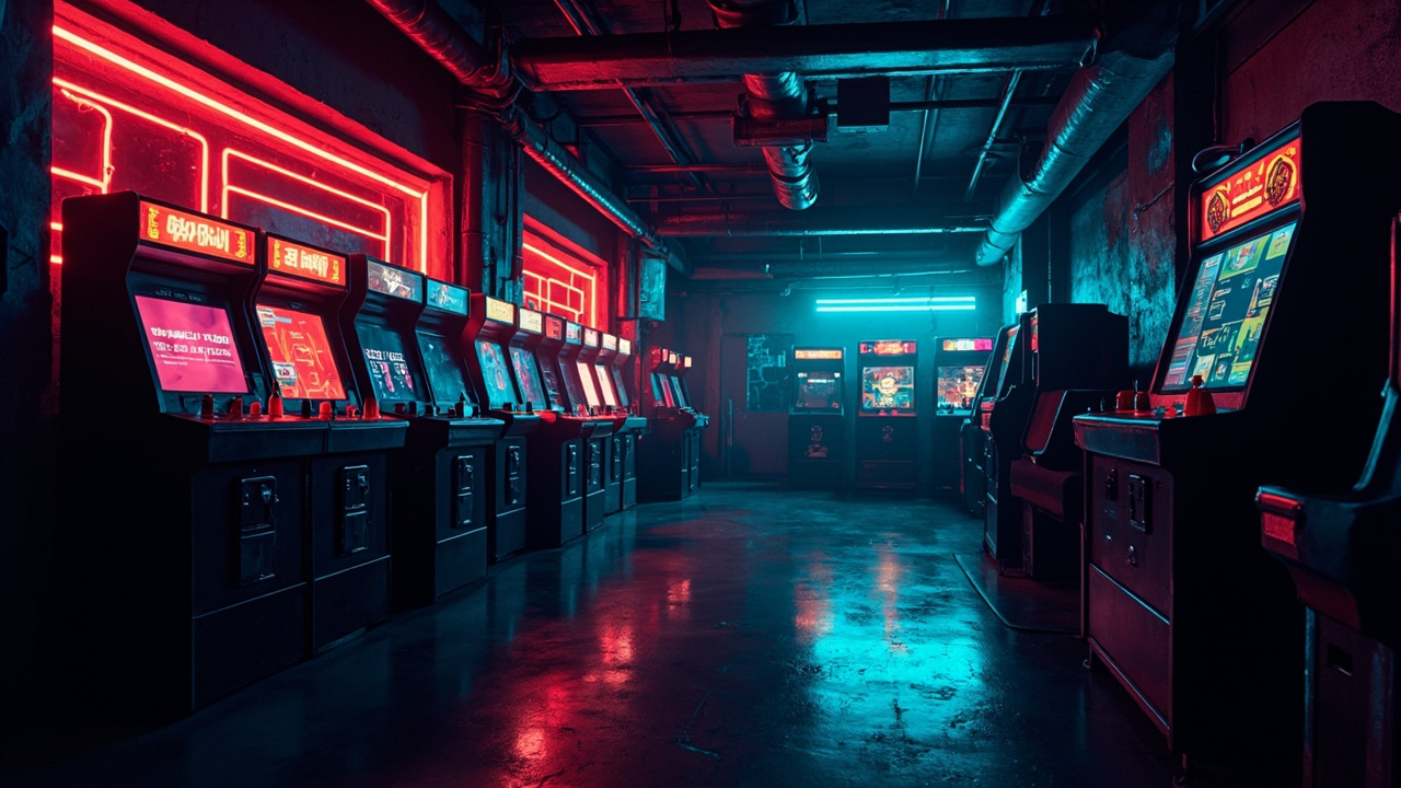 Illustration of a neon-lit retro arcade interior
