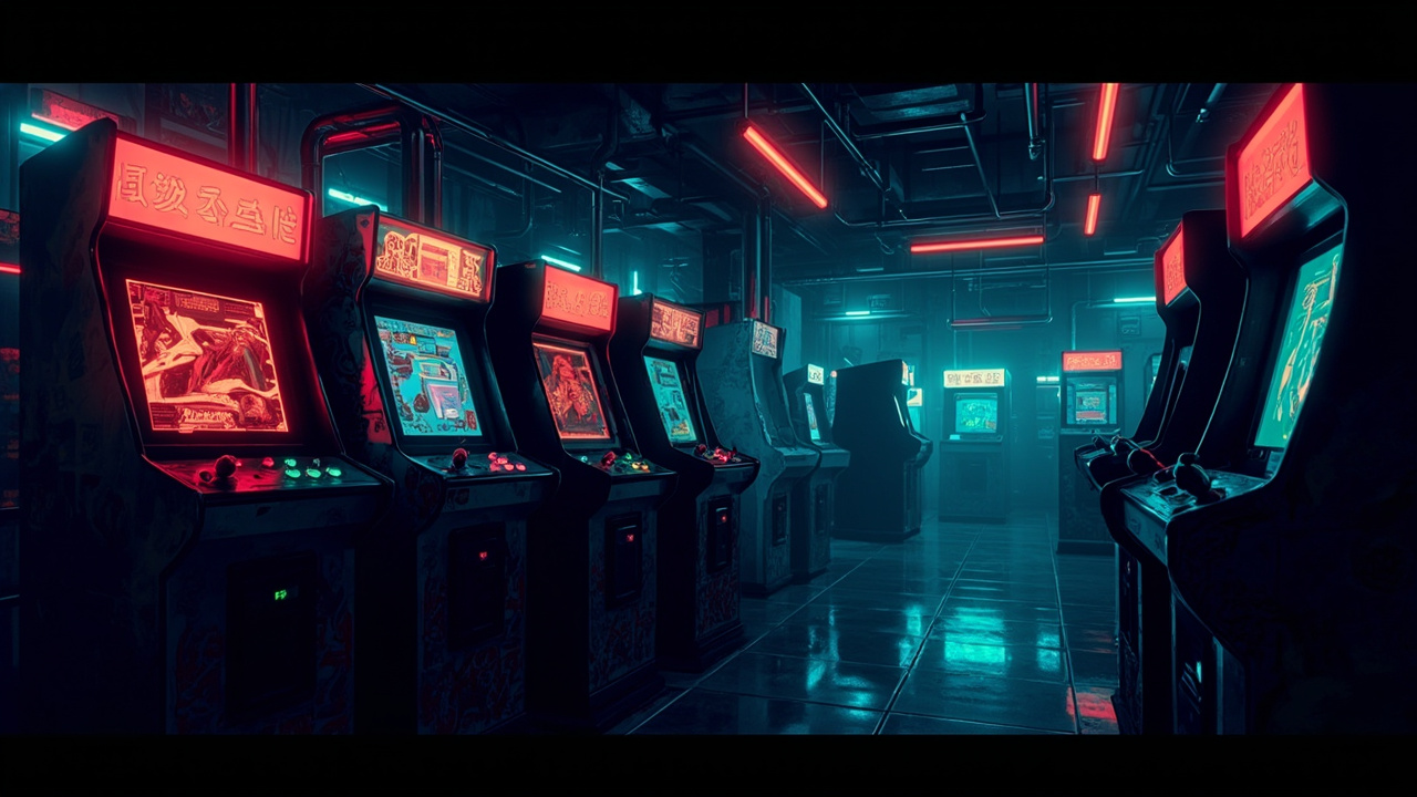 Illustration of a neon-lit retro arcade interior