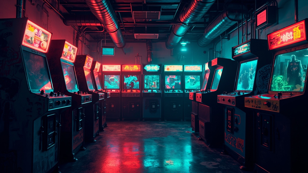Illustration of a neon-lit retro arcade interior