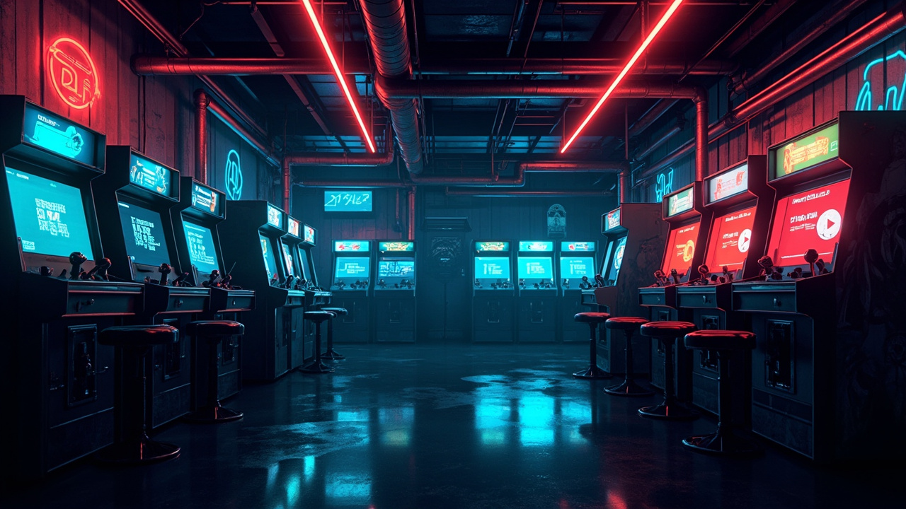 Illustration of a neon-lit retro arcade interior